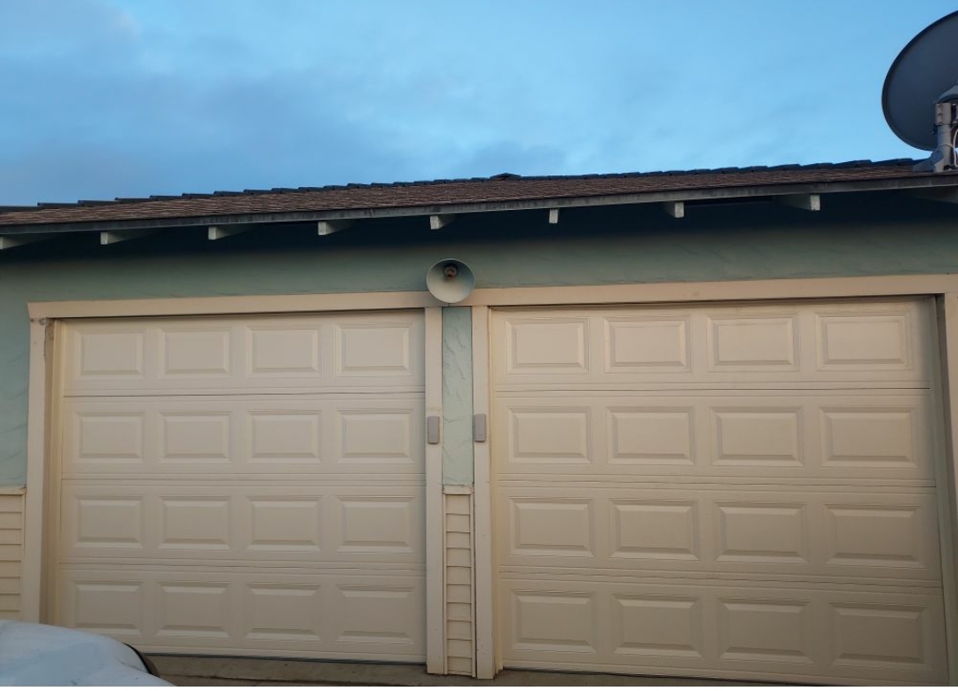 Old, faded garage door